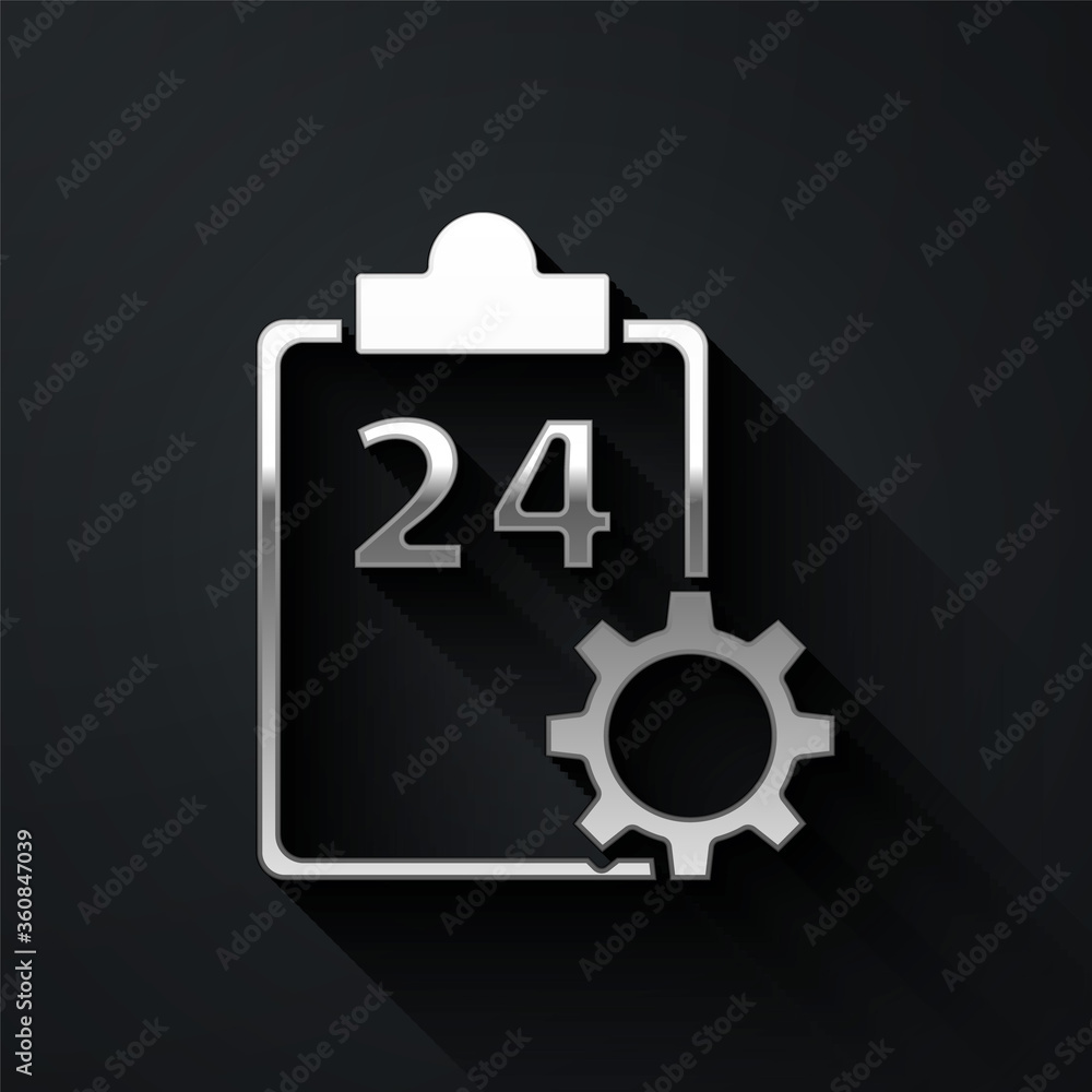 Silver Checklist clipboard with 24 hours service icon isolated on black background. Long shadow style. Vector Illustration Silver Checklist clipboard with 24 hours service icon isolated on black background. Long shadow style. Vector Illustration