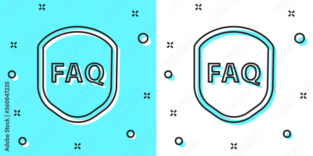 Black line Shield with text FAQ information icon isolated on green and white background. Guard sign. Security, safety, protection, privacy concept. Random dynamic shapes. Vector Illustration Black line Shield with text FAQ information icon isolated on green and white background. Guard sign. Security, safety, protection, privacy concept. Random dynamic shapes. Vector Illustration
