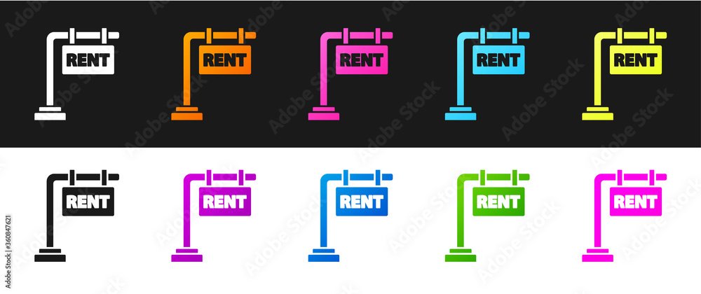 Set Hanging sign with text Rent icon isolated on black and white background. Signboard with text For Rent. Vector Illustration Set Hanging sign with text Rent icon isolated on black and white background. Signboard with text For Rent. Vector Illustration