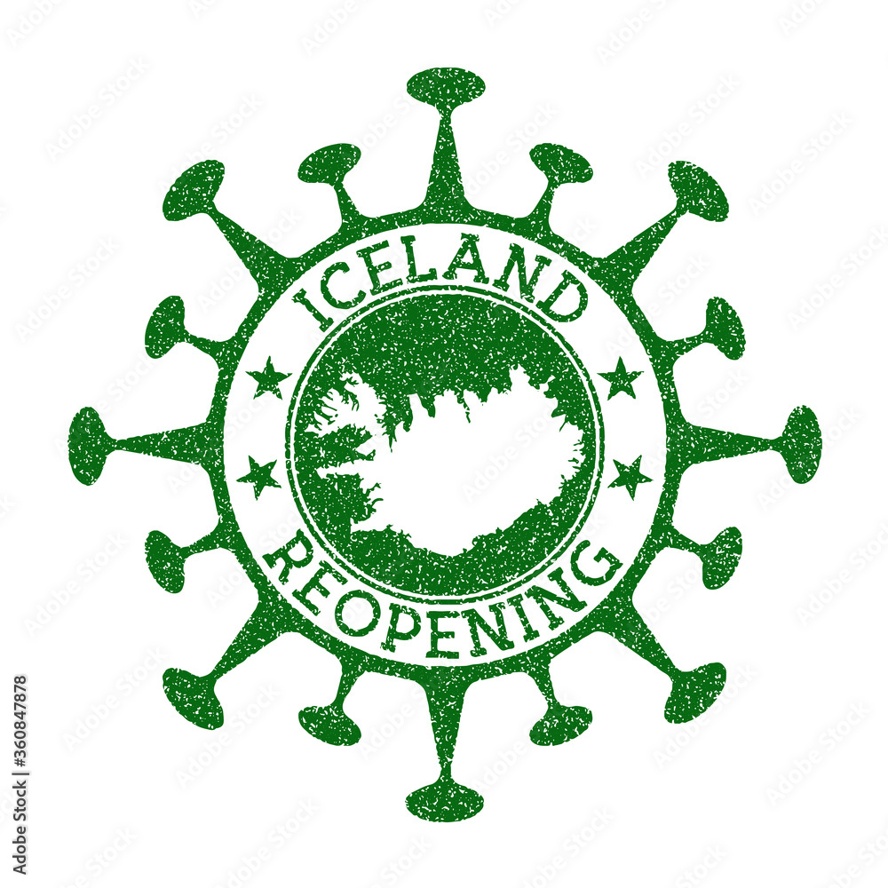 Iceland Reopening Stamp. Green round badge of country with map of Iceland. Country opening after lockdown. Vector illustration.