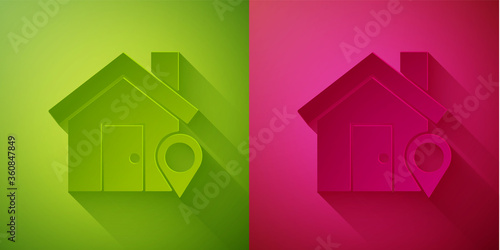 Paper cut Map pointer with house icon isolated on green and pink background. Home location marker symbol. Paper art style. Vector Illustration