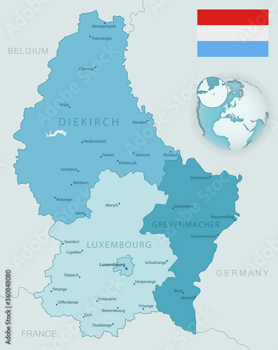Blue-green detailed map of Luxembourg administrative divisions with country flag and location on the globe.