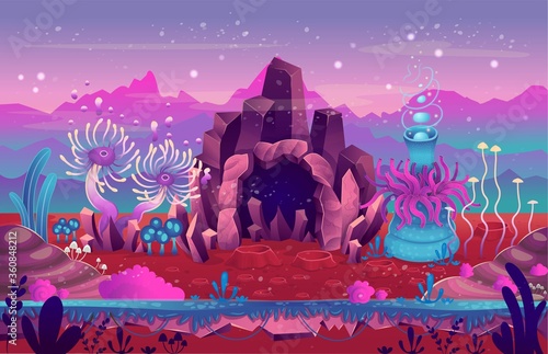 Fantasy landscape with a cave magical plants and mushrooms. Illustration of space or the seabed. Background for games and mobile applications.