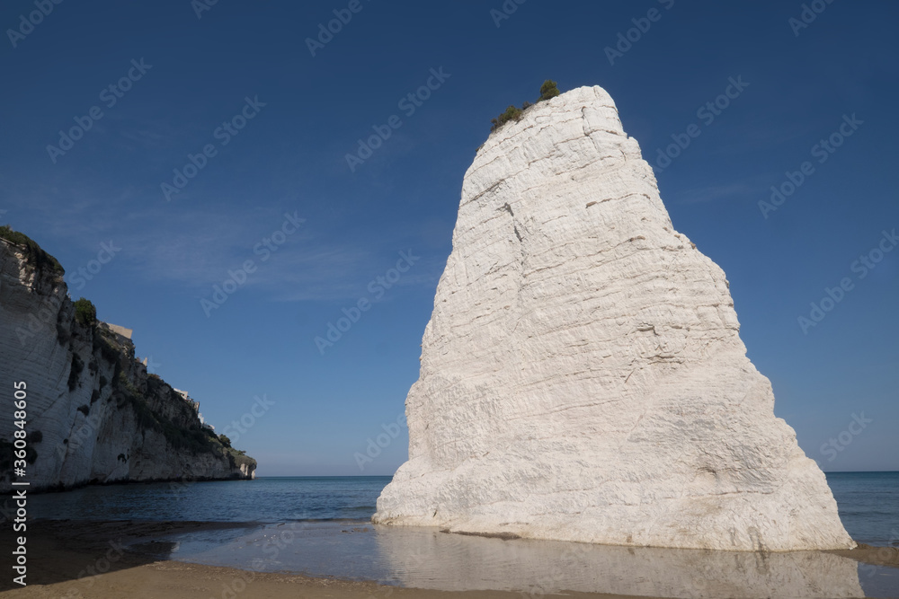 Famous rock tooth Pizzomuno on the sandy beach of Vieste in Gargano in Italy