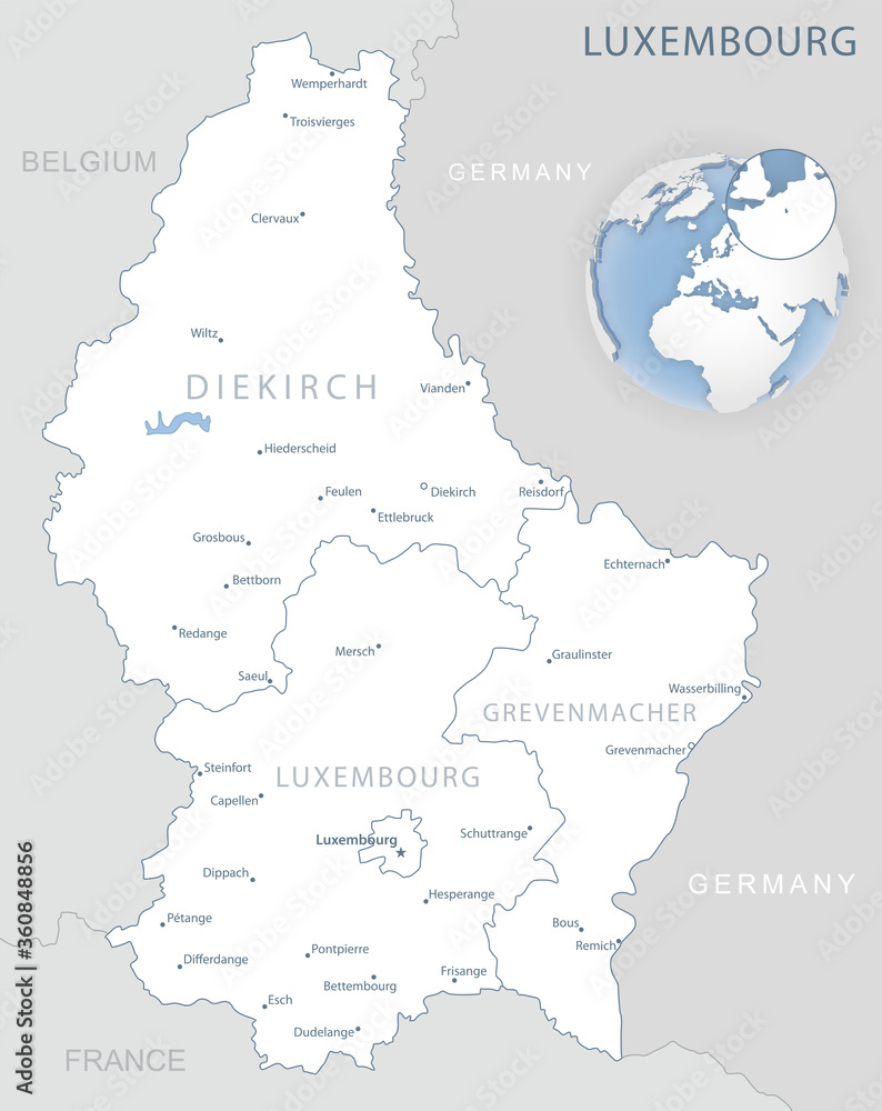 Blue-gray detailed map of Luxembourg administrative divisions and location on the globe.