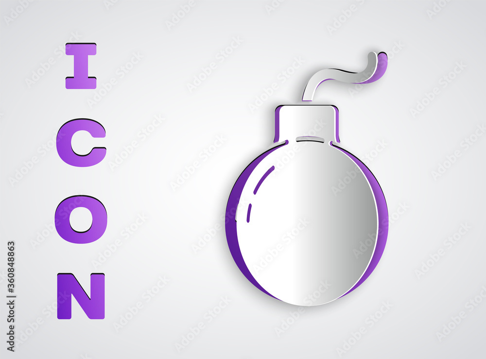 Paper cut Bomb ready to explode icon isolated on grey background. Paper art style. Vector Illustration Paper cut Bomb ready to explode icon isolated on grey background. Paper art style. Vector Illustration