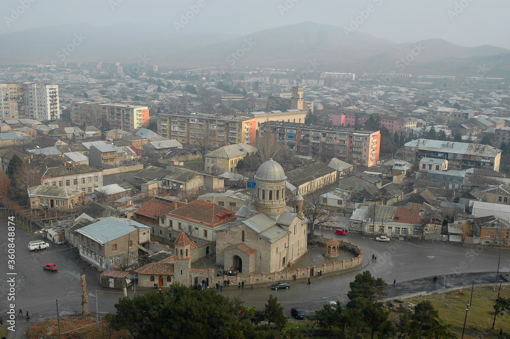 Panorama of Gori town and view at The mother of God Cathedral. Gori, Georgia, Caucasus.