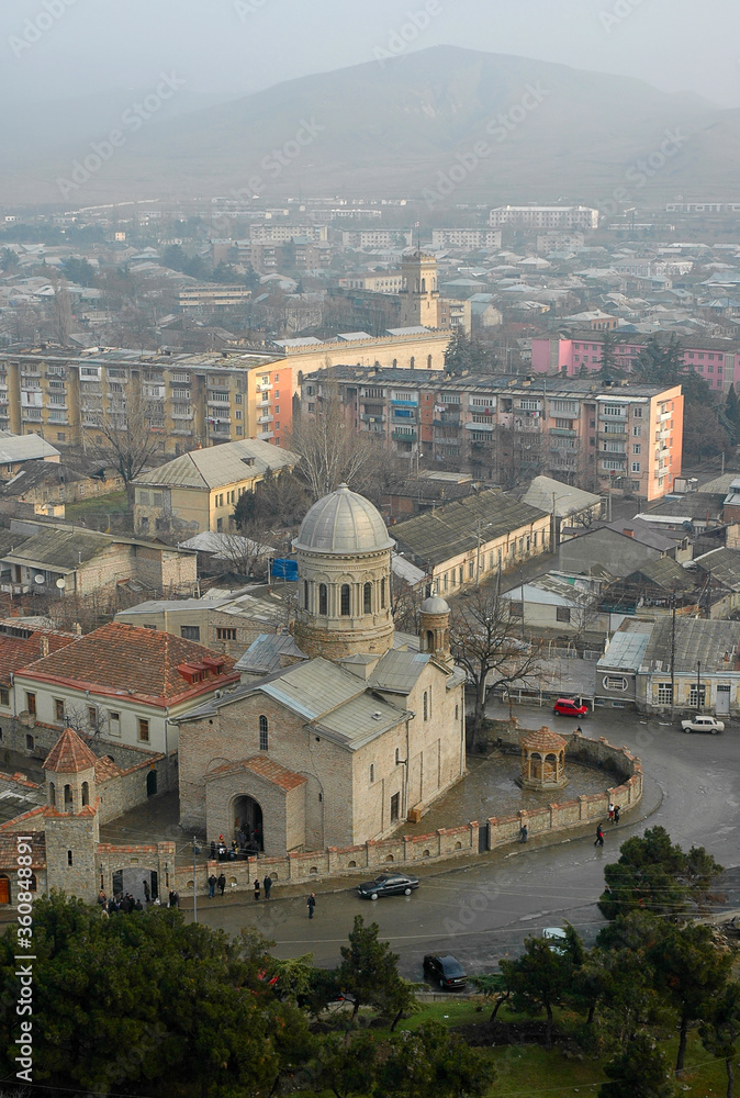 Panorama of Gori town and view at The mother of God Cathedral. Gori, Georgia, Caucasus.