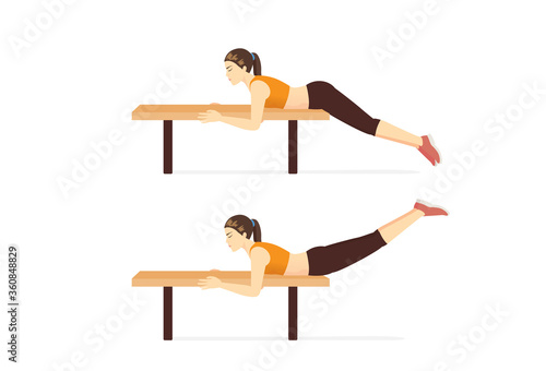 Women lie facedown on a bench and doing workout with Prone Hip Extension pose. Fitness on abdominal and legs with gym equipment.