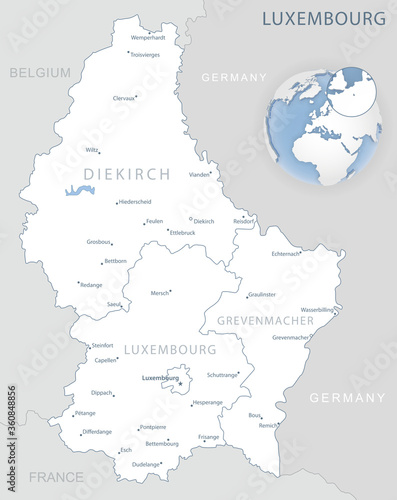 Blue-gray detailed map of Luxembourg administrative divisions and location on the globe.
