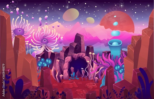  Fantasy landscape with a cave magical plants and mushrooms. Illustration of space.  Background for games and mobile applications.
