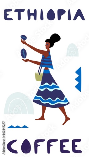 Vector illustration of woman pickers are harvesting coffee from branches of trees. Coffee beans template for farmer, roasters company. Design for banner, book, flyer, print, poster