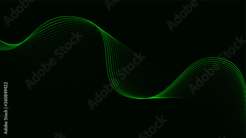 Abstract dark background with green wave. Flowing colorful dynamic lines. Vector illustration.