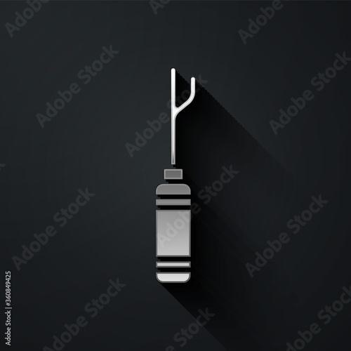 Silver Awl tool with wooden handle icon isolated on black background. Work equipment tailor industry. Long shadow style. Vector Illustration