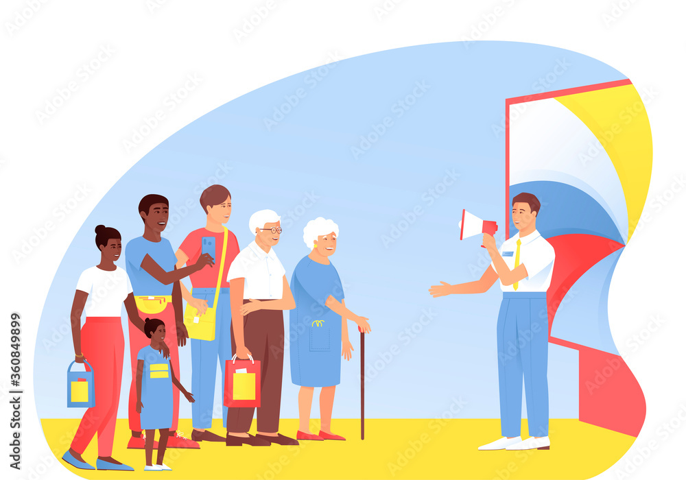 Fototapeta premium A crowd of people became interested in product advertising. An advertiser offers customers a product experience. The concept of business advertising. Flat cartoon vector illustration.