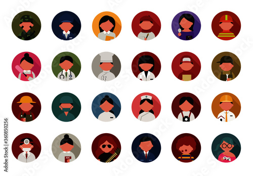 faceless people icon in circle frame, different occupation