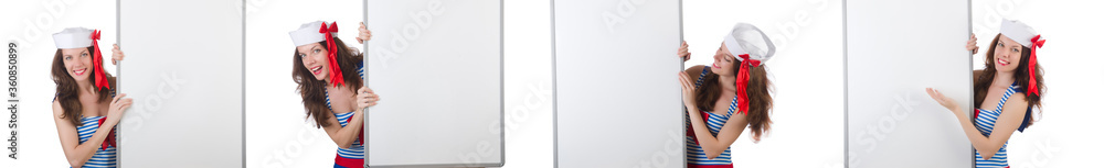 Young woman with blank board on white Young woman with blank board on white