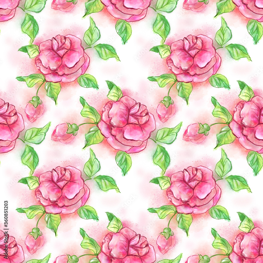 Watercolor hand drawn roses seamless pattern. Created with watercolor, digital brushes.
