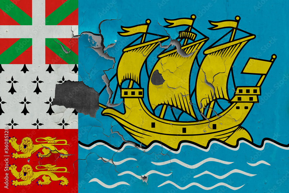 Naklejka premium Saint Pierre And Miquelon flag close up old, damaged and dirty on wall peeling off paint to see inside surface. Vintage National Concept.