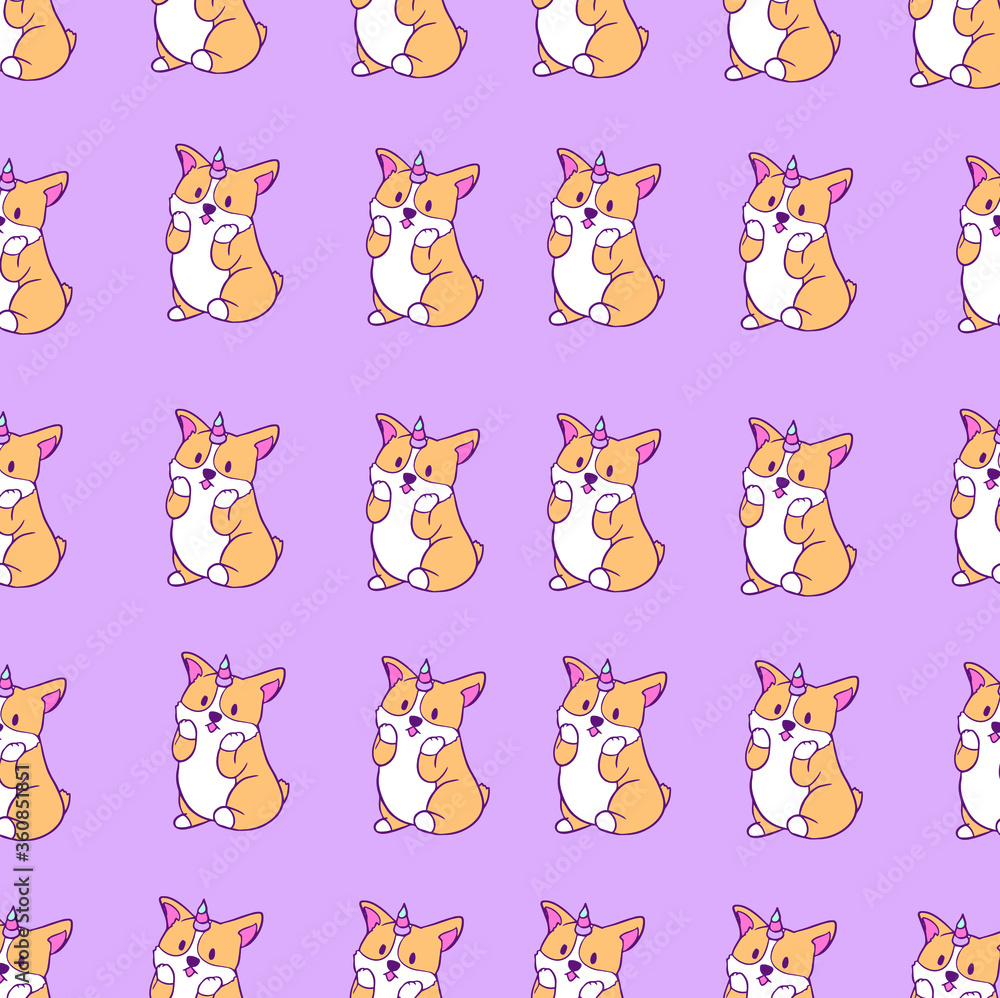 Fototapeta Cute Character Kawaii Welsh Corgi Unicorn Pattern