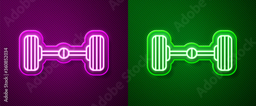 Glowing neon line Chassis car icon isolated on purple and green background.  Vector Illustration