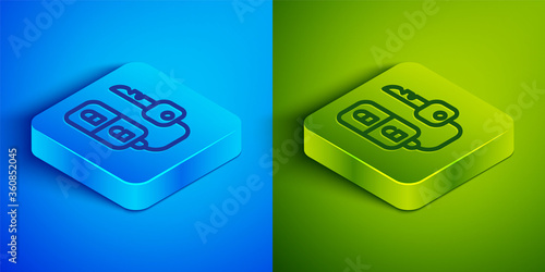 Isometric line Car key with remote icon isolated on blue and green background. Car key and alarm system. Square button. Vector Illustration