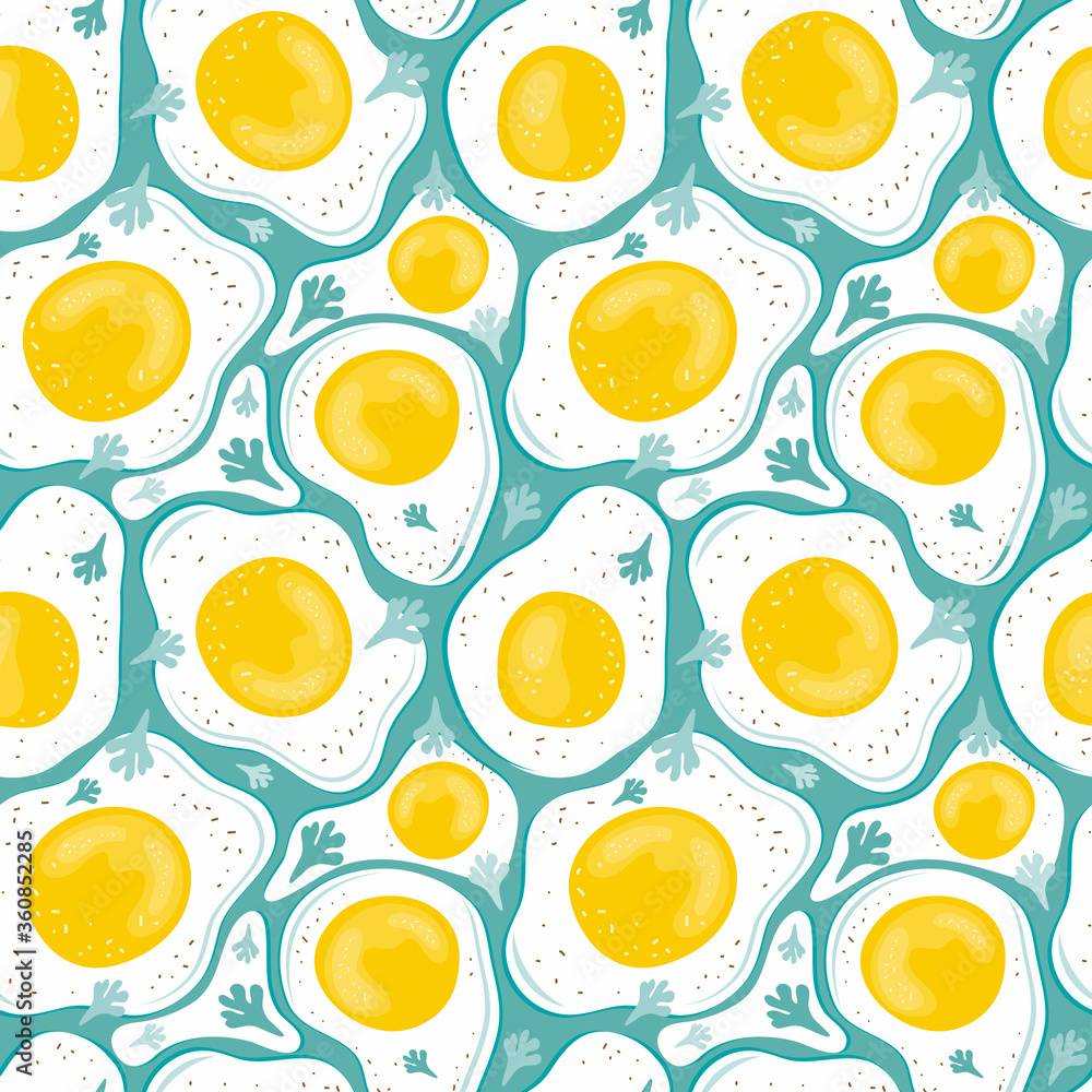 Seamless pattern of fried eggs on a green background. Hand drawn vector illustration of eggs. Healthy Breakfast in the morning. Traditional breakfast food. International cuisine food. Farm products.