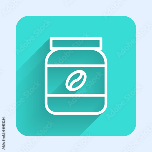 White line Coffee jar bottle icon isolated with long shadow. Green square button. Vector Illustration