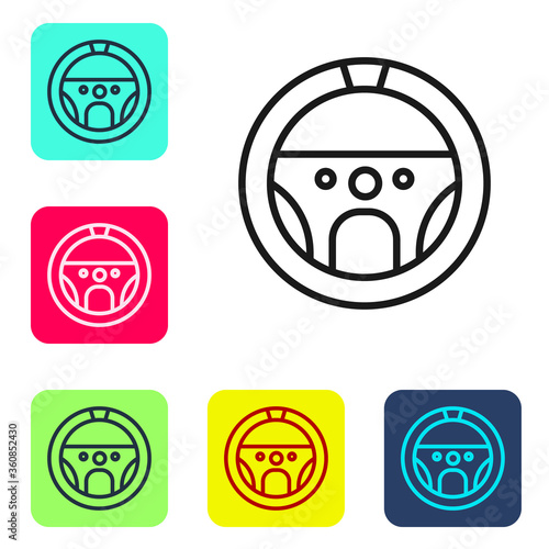 Black line Steering wheel icon isolated on white background. Car wheel icon. Set icons in color square buttons. Vector Illustration
