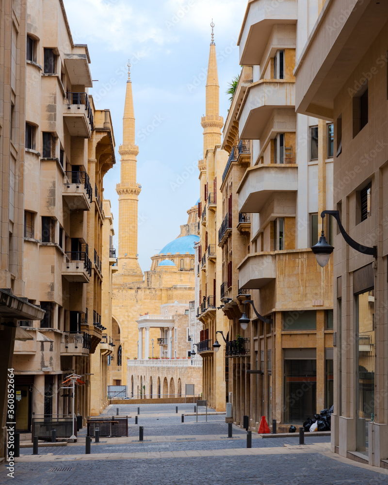Perspective of newly rebuilt Nejmeh square area in Beirut Downtown city center and Al Amine blue mosque, Lebanon