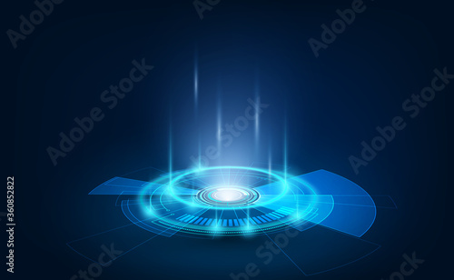 Portal and hologram futuristic circle elements in HUD style teleport podium. GUI, UI virtual reality projector. Abstract hologram technology.