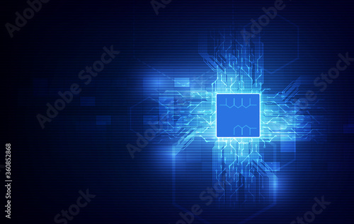 Abstract technology chip processor background circuit board and html code, blue technology background vector.