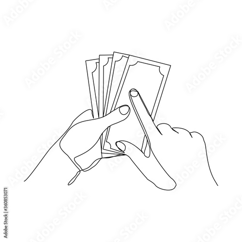 Continuous line drawing of hand hold money to give charity or pay something. Vector illustration