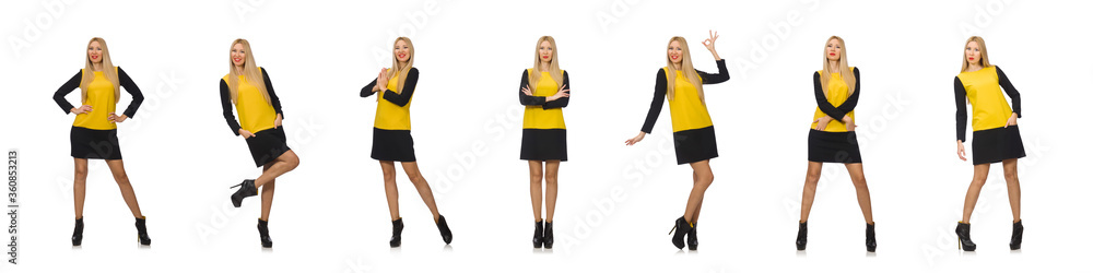Blond hair girl in yellow and black clothing isolated on white Blond hair girl in yellow and black clothing isolated on white