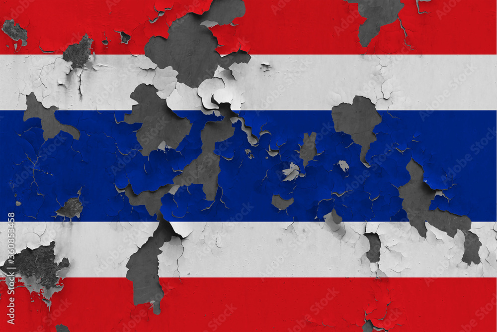 Thailand flag close up painted, damaged and dirty on wall peeling off paint to see concrete surface. Vintage National Concept.