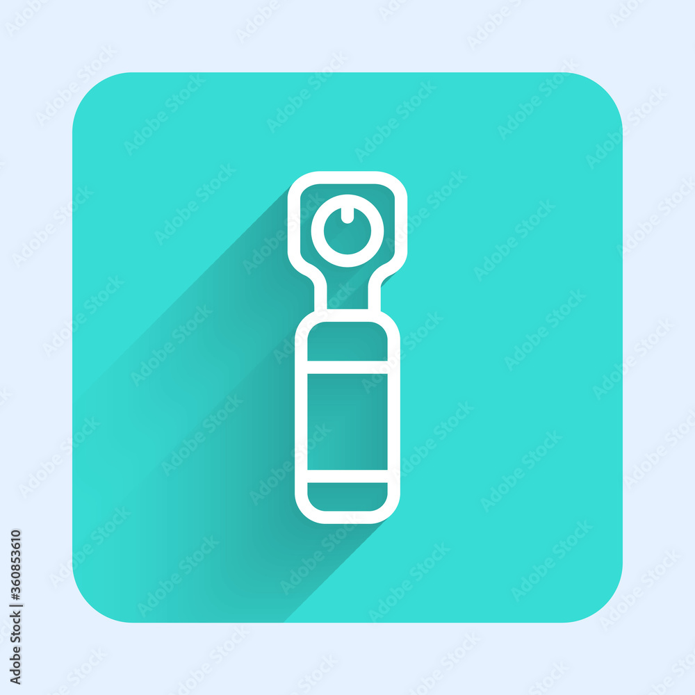 White line Bottle opener icon isolated with long shadow. Green square button. Vector Illustration White line Bottle opener icon isolated with long shadow. Green square button. Vector Illustration