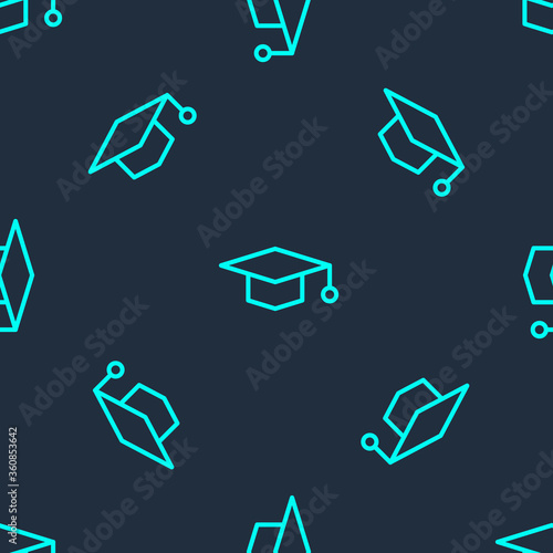 Green line Graduation cap icon isolated seamless pattern on blue background. Graduation hat with tassel icon.  Vector Illustration