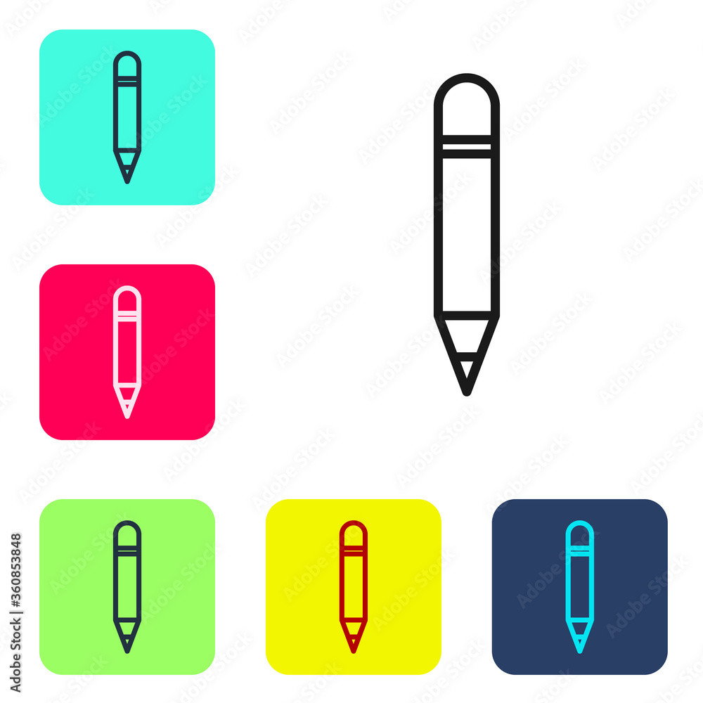 Black line Pencil with eraser icon isolated on white background. Drawing and educational tools. School office symbol. Set icons in color square buttons. Vector Illustration Black line Pencil with eraser icon isolated on white background. Drawing and educational tools. School office symbol. Set icons in color square buttons. Vector Illustration