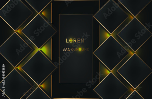 Abstract black scattered geometric background with gold glitter. Modern luxury illustration. Vector