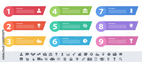 Infographic design business concept vector illustration with 9 steps or options or processes represent work flow or diagram or web button banner