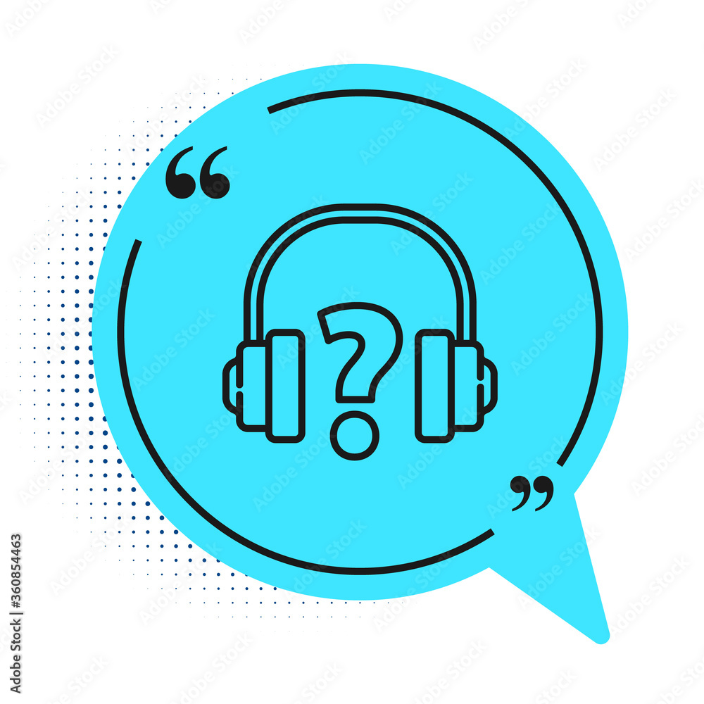 Black line Headphones icon isolated on white background. Support customer service, hotline, call center, faq, maintenance. Blue speech bubble symbol. Vector Illustration Black line Headphones icon isolated on white background. Support customer service, hotline, call center, faq, maintenance. Blue speech bubble symbol. Vector Illustration