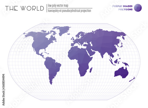 Abstract geometric world map. Kavrayskiy VII pseudocylindrical projection of the world. Purple Shades colored polygons. Beautiful vector illustration.