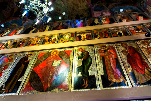 Moscow, Russia - May 4, 2019: Interior of Uspenski Cathedral located in Cathedral Square of the Moscow Kremlin in Russia between the Great Kremlin Palace and the Ivan the Great Bell Tower.