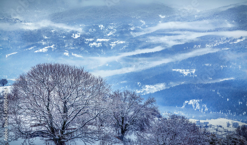 Snow landscape in central Greece, near Karpenisi town, in Evritania region, Greece.