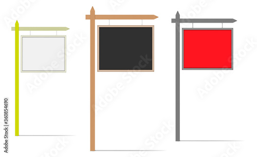 Blank hanging signboard, vector mock-up. Empty street sign, template for design. Color mockup set. Easy to recolor
