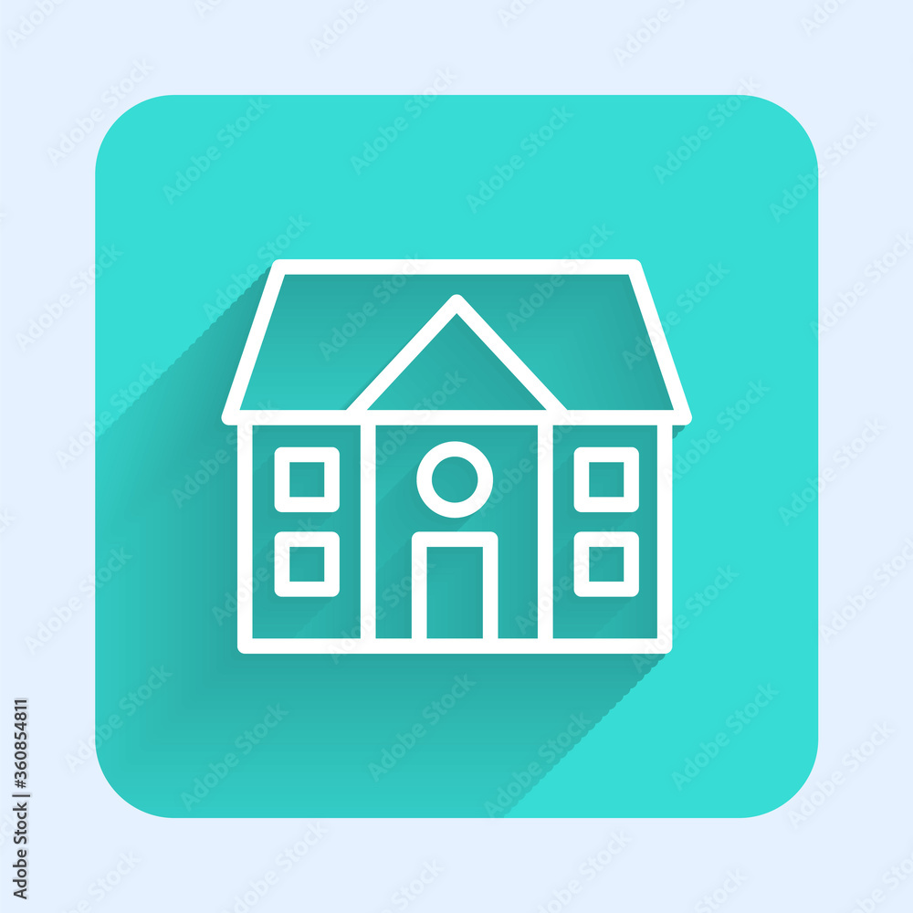 White line House icon isolated with long shadow. Home symbol. Green square button. Vector Illustration White line House icon isolated with long shadow. Home symbol. Green square button. Vector Illustration