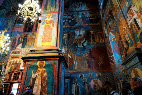 Moscow, Russia - May 4, 2019: Interior of Cathedral of the Archangel located in Cathedral Square of the Moscow Kremlin in Russia between the Great Kremlin Palace and the Ivan the Great Bell Tower.