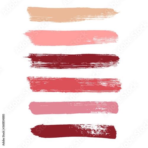 Makeup strokes, Set of lipstick swatches, Beauty and cosmetic nude, pink and red brush smudges vector background. smear make up lines collection, liquid make up texture isolated on white.