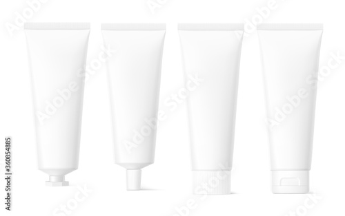 Blank plastic tube mockup set for cosmetics with cap. Front view. Vector illustration isolated on white background. Can be use for your design, advertising, promo and etc. EPS10.	