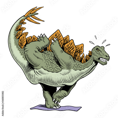 Cute dinosaur doing yoga practice isolated on white background. Vector illustration.
